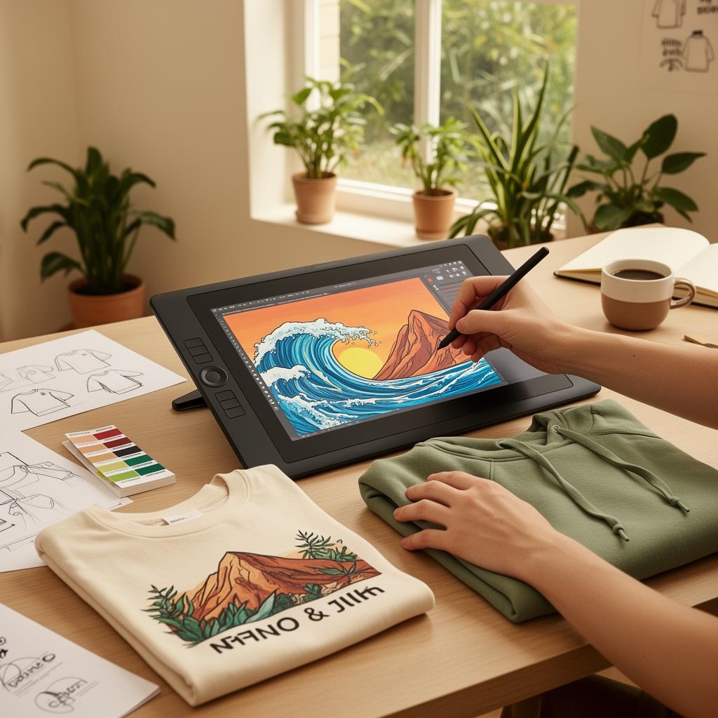 Atelier de création Emysterre — design d'un visuel print-on-demand sur tablette graphique