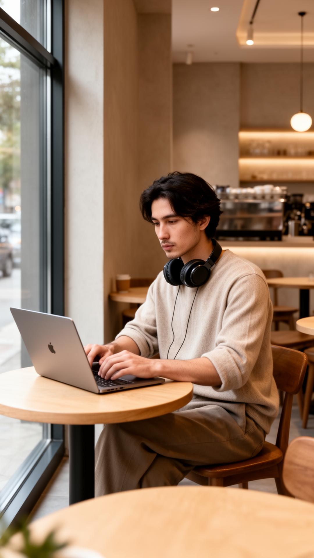 Créateur nomade travaillant sur laptop dans un café