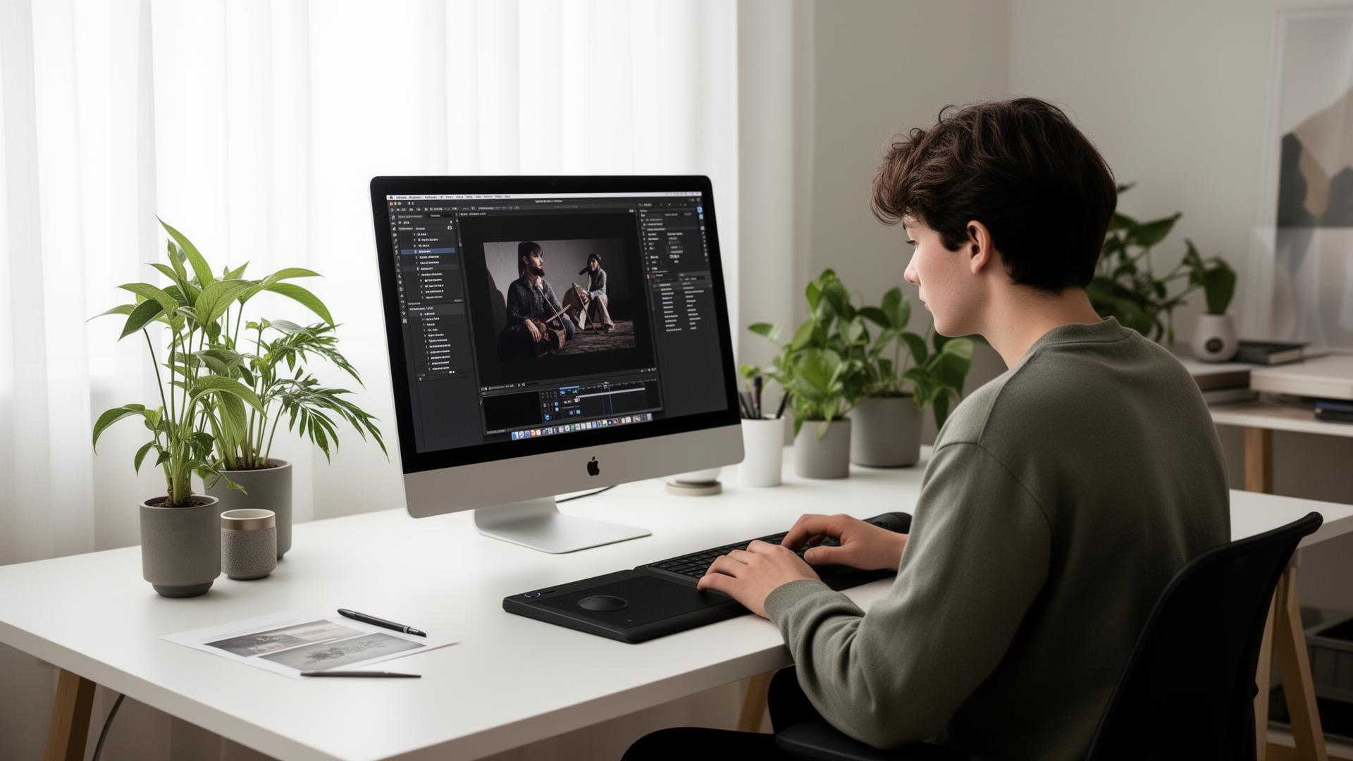 Studio créatif moderne avec MacBook et tablette graphique